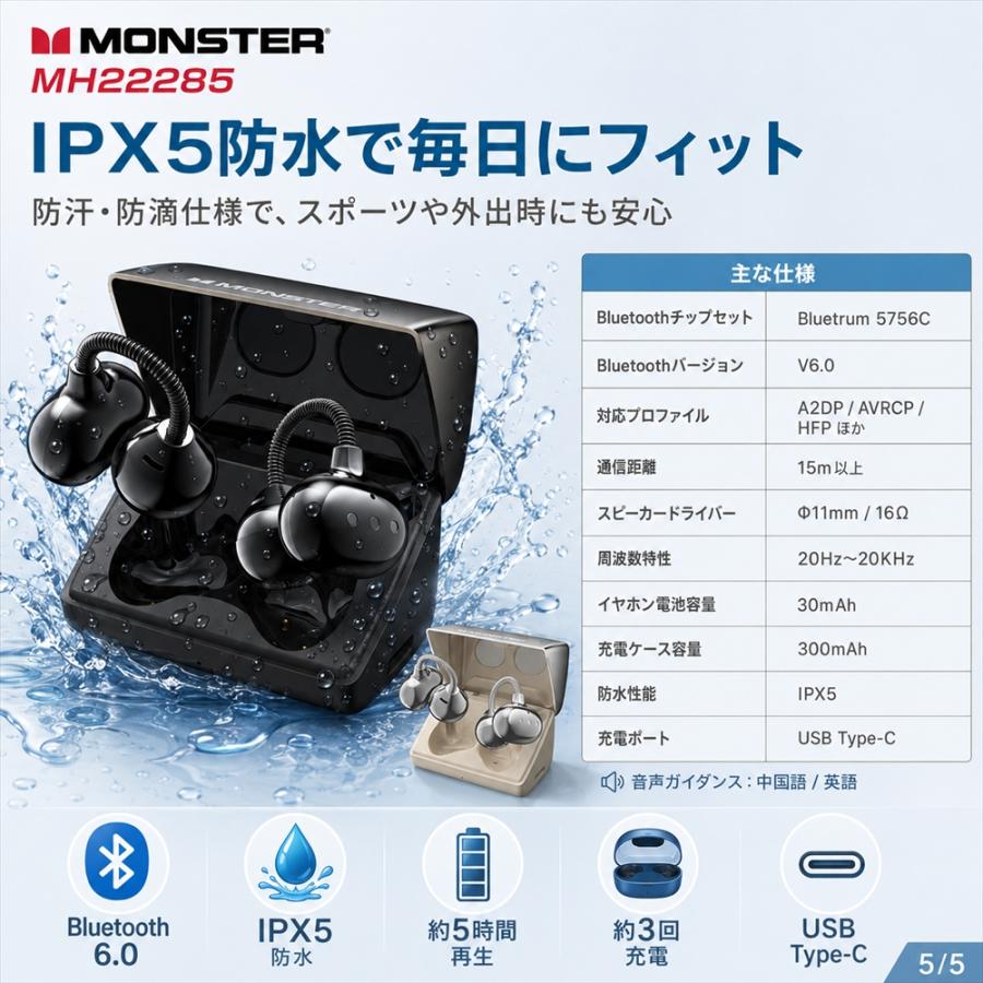 琉球ゴールデンキングスワイヤレスイヤホン MONSTER Airclip AC700 ブラック イヤーカフ型イヤホン Bluetooth 6.0