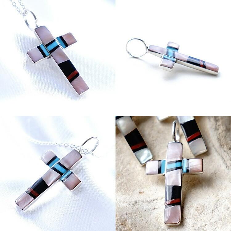 インディアンジュエリー クロス ターコイズ シェル 天然石 ペンダント