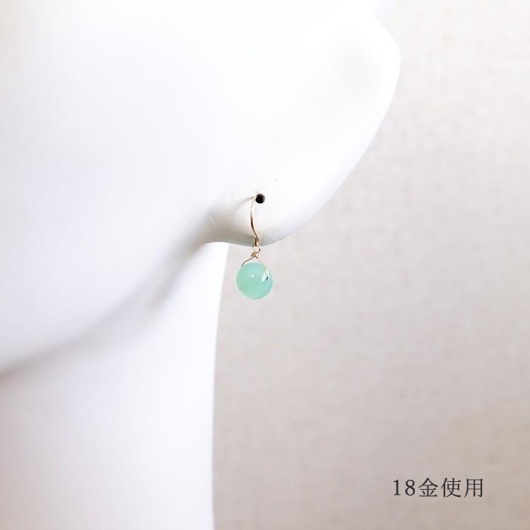 天然石 ピアス K18 18金 最高品質 クリソプレーズ フックピアス 強運 