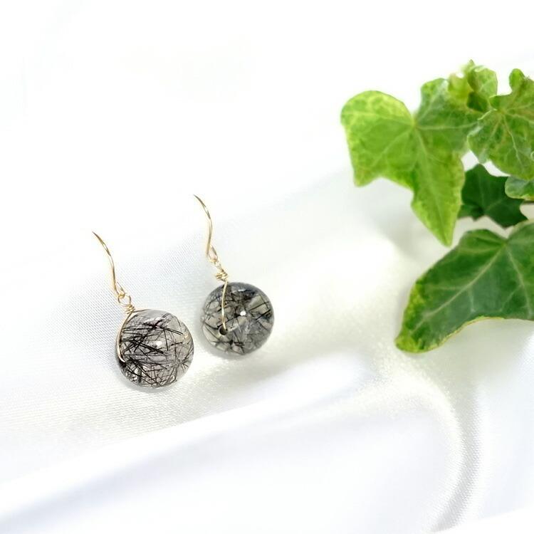 天然石 ピアス K18 18金 ブラックルチルクォーツ フックピアス