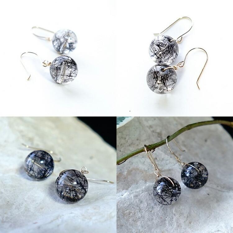 天然石 ピアス K18 18金 ブラックルチルクォーツ フックピアス 