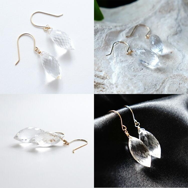 天然石 ピアス K18 18金 水晶 クリスタル 大粒 シャンデリアカット