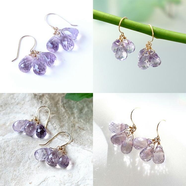 天然石 ピアス K18 18金 ピンクアメジスト フックピアス ドロップ