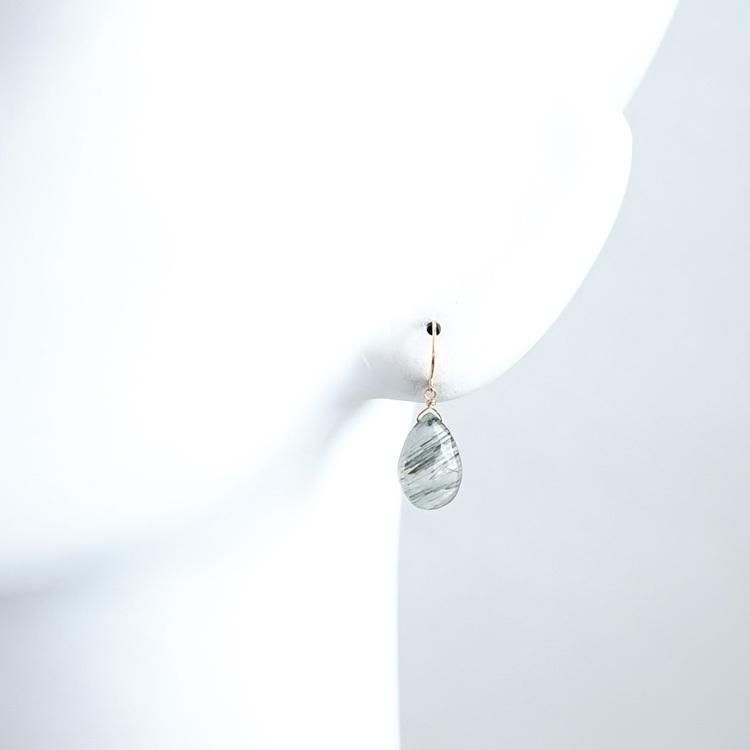 天然石 ピアス K18 18金 グリーンルチルクォーツ ペアシェイブ フック