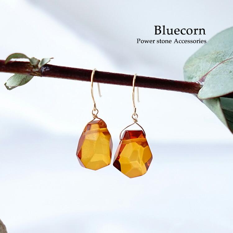 天然石 ピアス K18 18金 アンバー 琥珀 フックピアス イヤリング 幸運