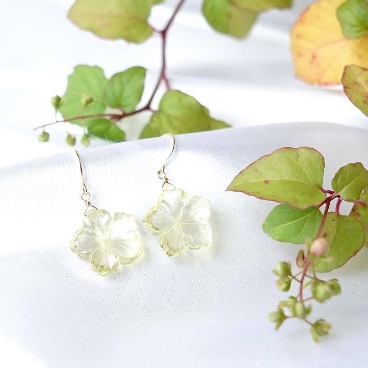 天然石 ピアス K18 18金 レモンクォーツ フラワー 花 フックピアス