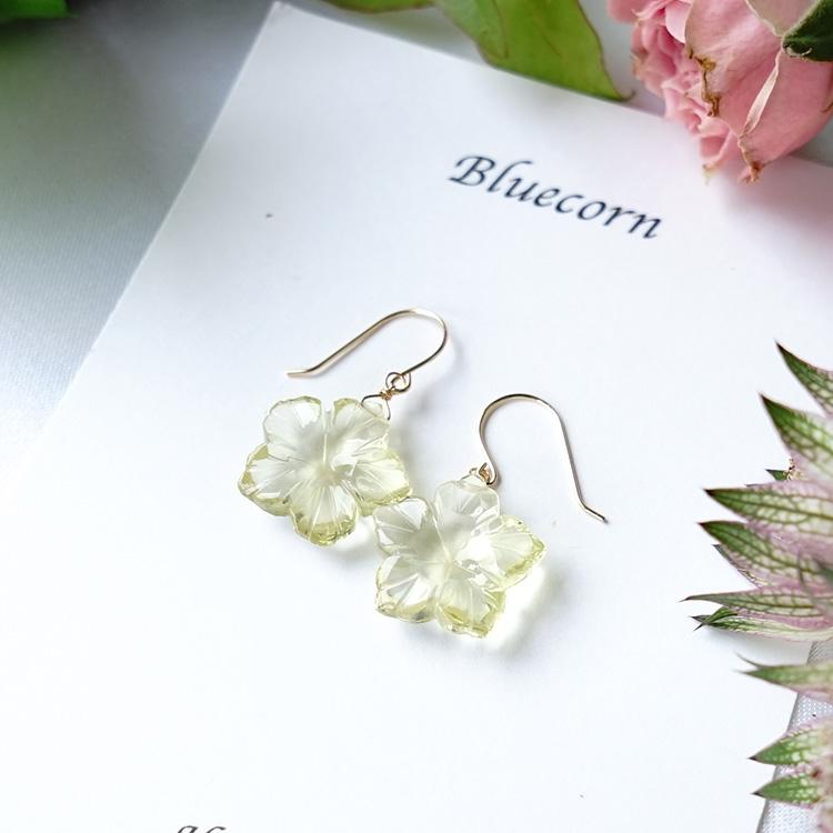 天然石 ピアス K18 18金 レモンクォーツ フラワー 花 フックピアス