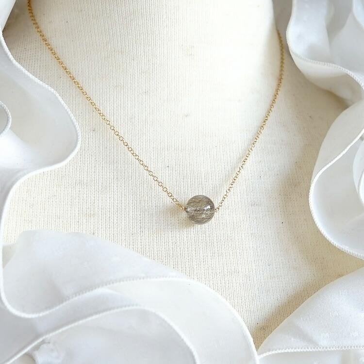 天然石 ネックレス K14GF シルバールチルクォーツ 一粒 10mm ルチル 