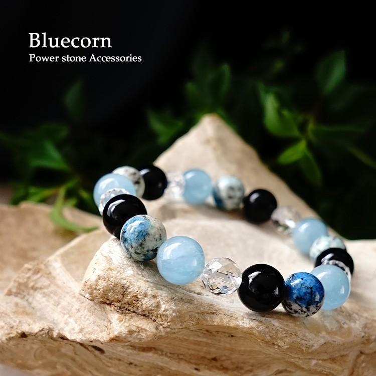 天然石 ブレスレット K2ブルー モリオン黒水晶 アクアマリン 水晶 幸運