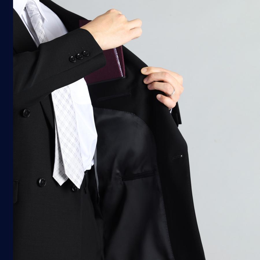 礼服 メンズ 喪服 ダブル ウール100% フォーマル 葬式 通夜 喪服 30代 40代 50代 ワンタック 冠婚葬祭 アジャスター A AB BB E 大きいサイズ 結婚式 濃い黒の画像