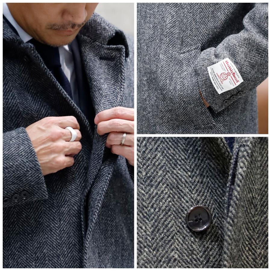 ハリスツイード コート メンズ ステンカラー ウール ビジネス ミドル丈