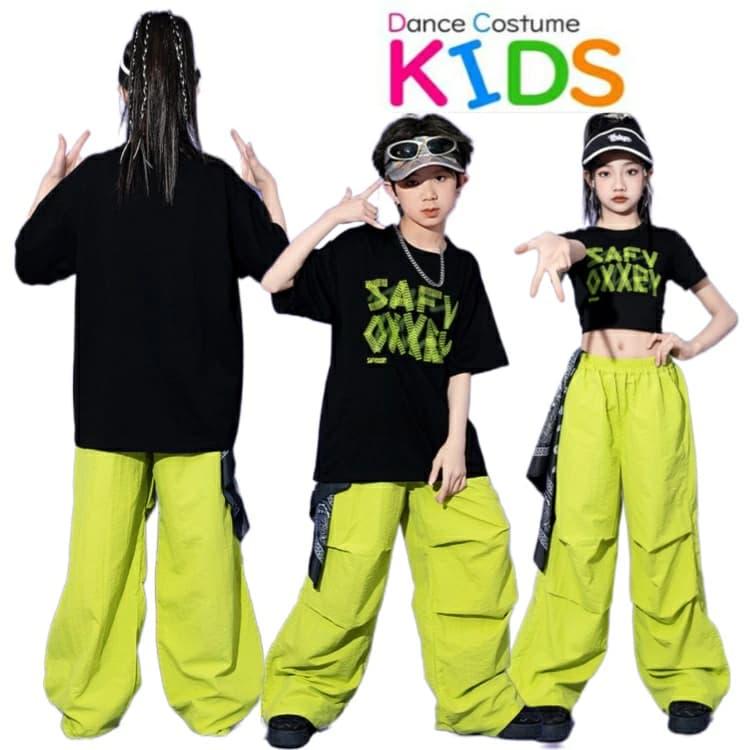緑色 キッズ ダンス 衣装 セットアップ トップス へそ出し 黒 tシャツ