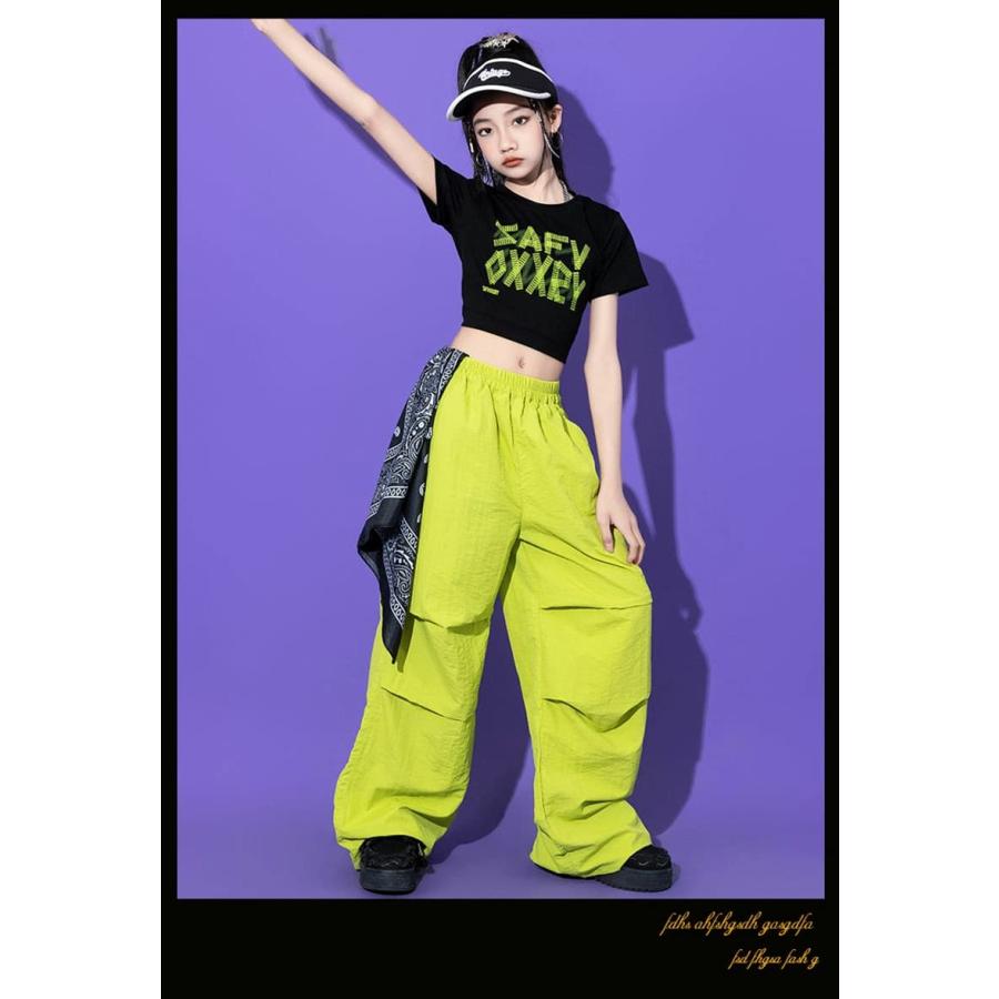 緑色 キッズ ダンス 衣装 セットアップ トップス へそ出し 黒 tシャツ