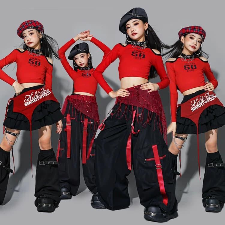 ダンス衣装 オフショル 長袖 赤 トップス キッズダンス衣装 黒