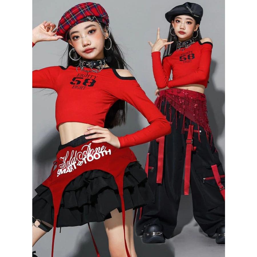 ダンス衣装 オフショル 長袖 赤 トップス キッズダンス衣装 黒