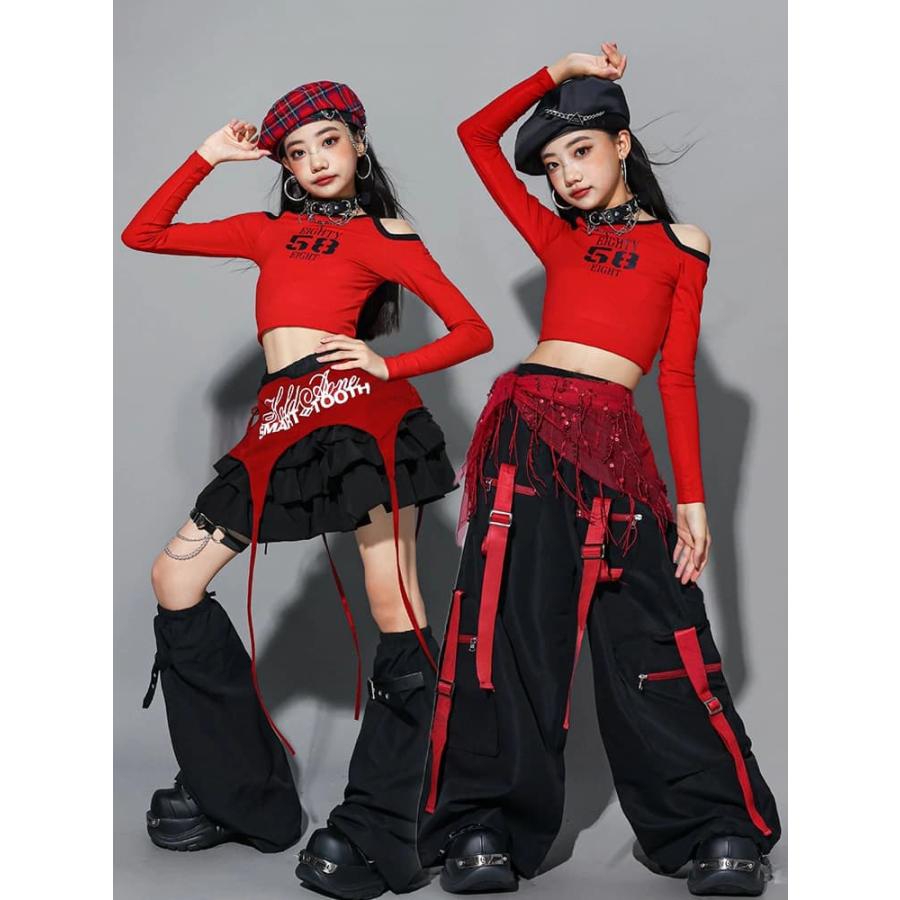 ダンス衣装 オフショル 長袖 赤 トップス キッズダンス衣装 黒