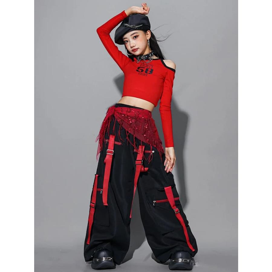 赤いオフショルダーダンスドレス　M ダンス衣装 オフショル 長袖 赤 トップス キッズダンス衣装 黒