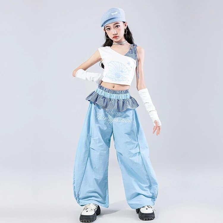 キッズダンス ダンス衣装 セットアップ 水色 チョッキ パンツ スカート