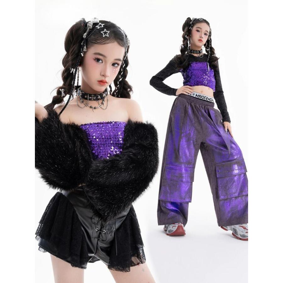 紫 スパンコール ダンス衣装 キッズ セットアップ チューブトップ