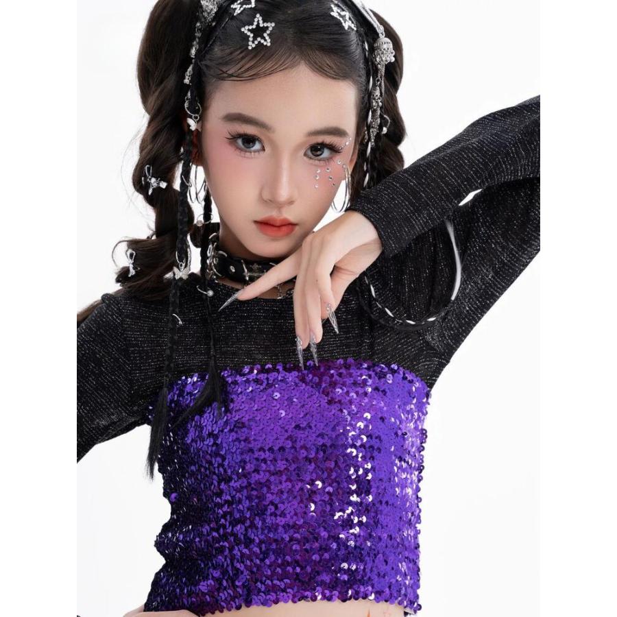 紫 スパンコール ダンス衣装 キッズ セットアップ チューブトップ