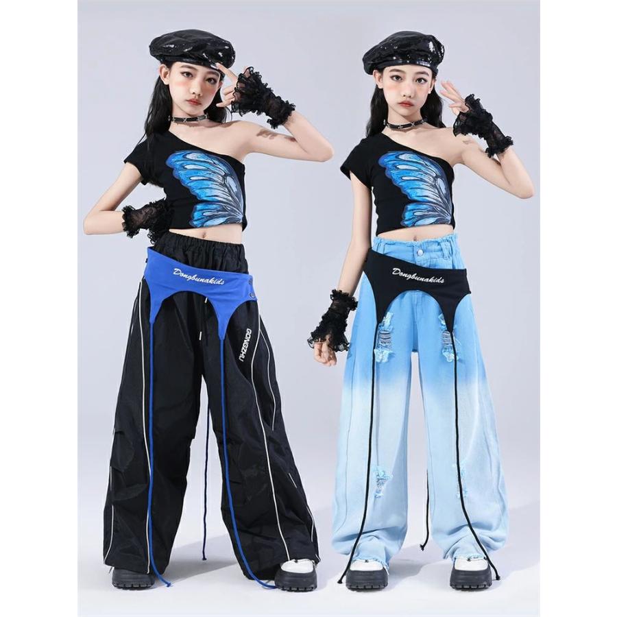 ダンス衣装 蝶柄 チェック柄 チアダンス 青 黒 セットアップ ジャズ