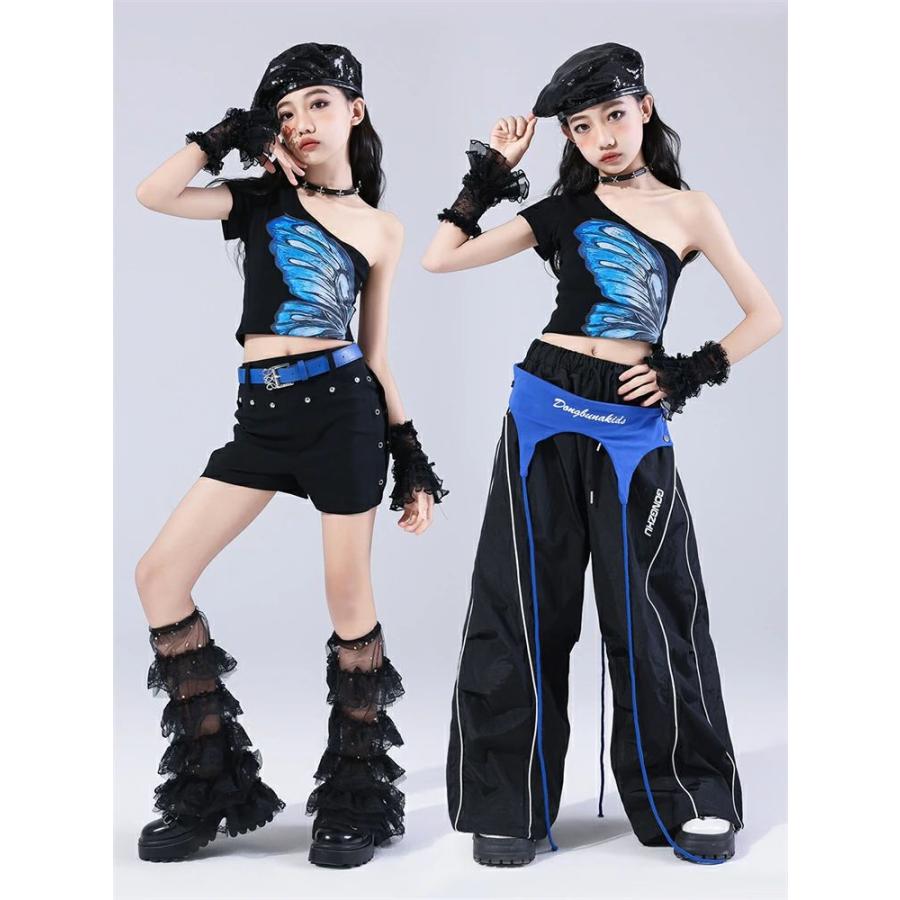 ダンス衣装 蝶柄 チェック柄 チアダンス 青 黒 セットアップ ジャズ