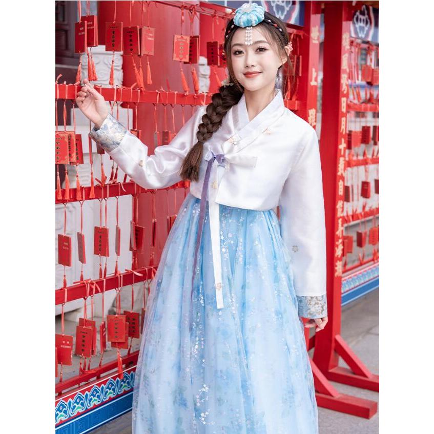 韓服 チマチョゴリ 女性 大人用 韓国風ドレス 白長袖ブラウス 星柄