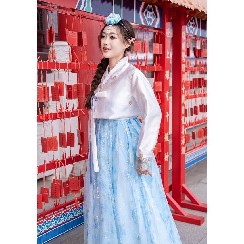 韓服 チマチョゴリ 女性 大人用 韓国風ドレス 白長袖ブラウス 星柄