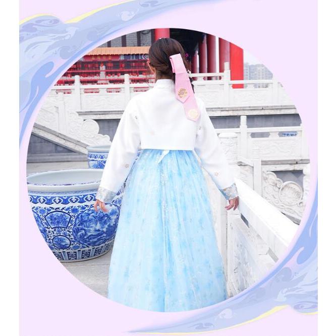 新品☆韓国最新チマチョゴリ 韓服 白×キラキラブルー 韓服 チマチョゴリ 女性 大人用 韓国風ドレス 白長袖ブラウス 星柄