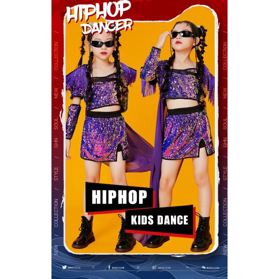 赤 紫 スパンコール キッズダンス衣装 セットアップ へそ出し キラキラ