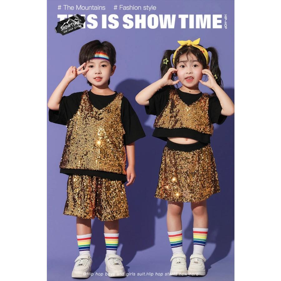k-pop 衣装 スパンコール キラキラ キッズダンス衣装 ゴールド