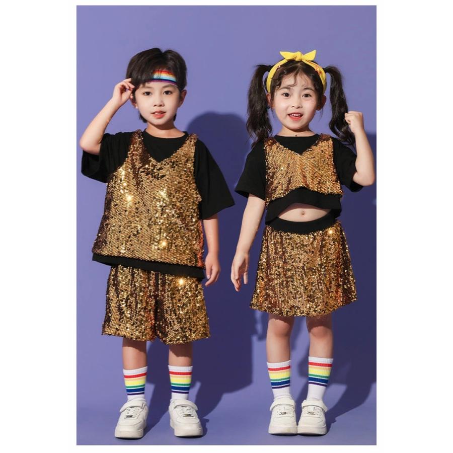 k-pop 衣装 スパンコール キラキラ キッズダンス衣装 ゴールド