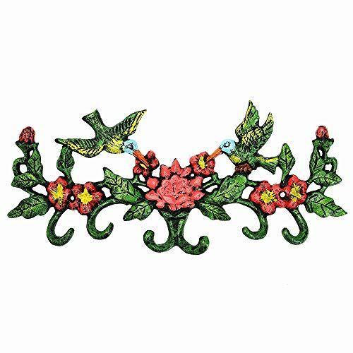 正規店仕入れの 激安超特価 Sungmorの鋳鉄の壁に取り付けられた6つのフックが付いているカラフルなハチドリの花の壁のハンガー-28.5×12.8cm-Cloakro