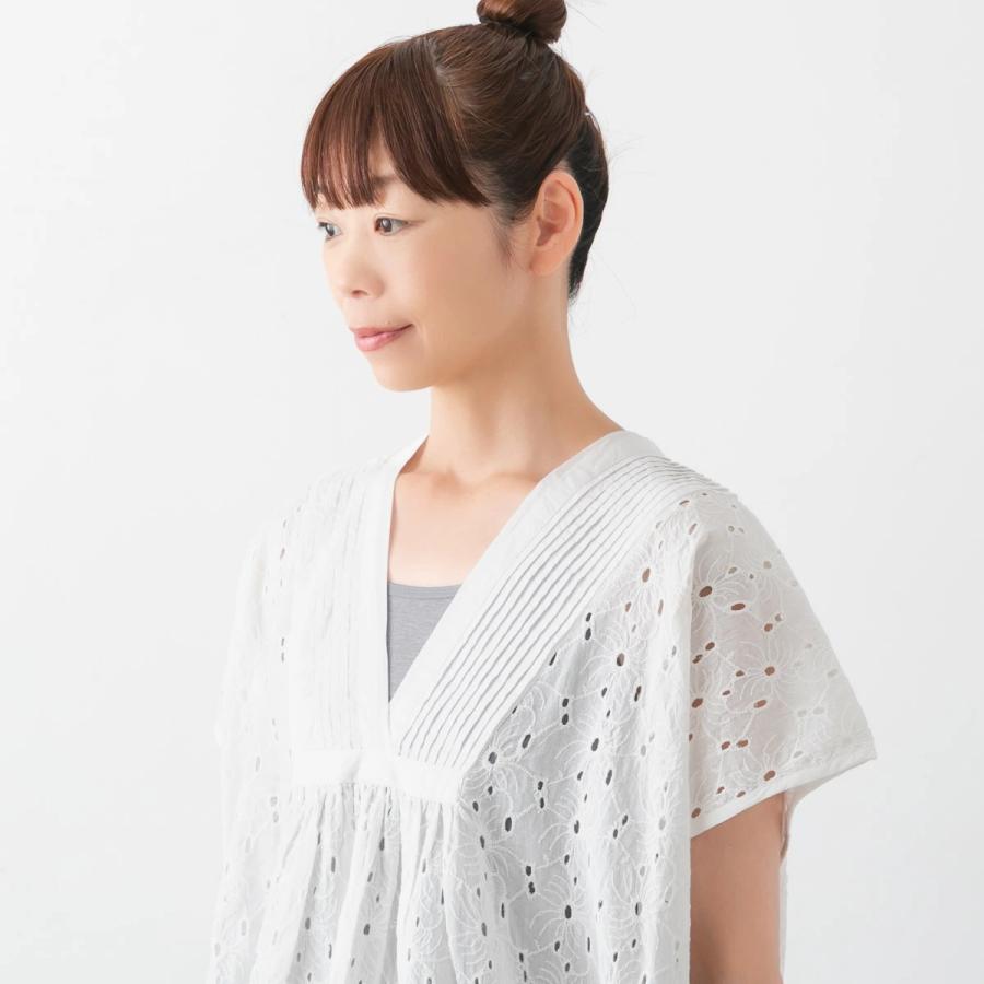 SOIL（ソイル） V-NECK PINTUCK FRENCH SLEEVE SHIRT ヘムラ 刺繍 V