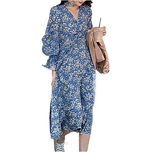 Chunatch 花柄 シフォンワンピース ロング 丈 Vネック ゆったり 袖 夏 フリル 秋 春 S レディース 楽天 ネイビー