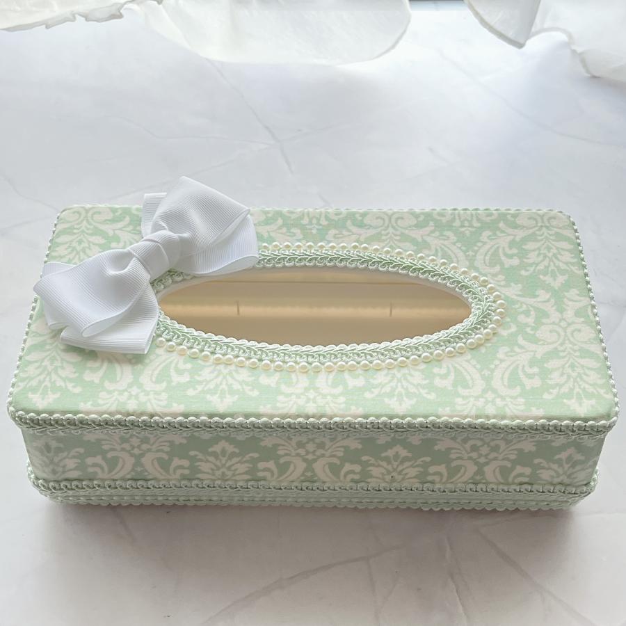 ミントグリーン ダマスク柄ティッシュケース : ハンドメイド・花雑貨 