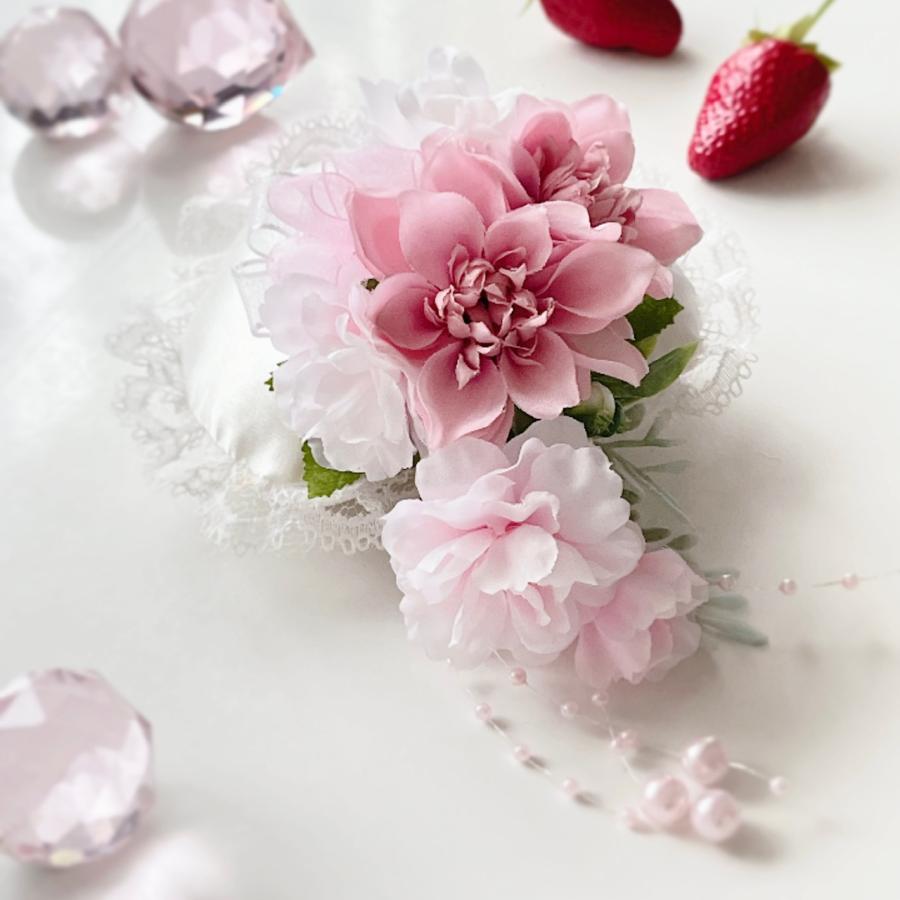 桜＆ミニダリアコサージュ　パールが揺れるしずく型　くすみピンク｜blueblanc｜02