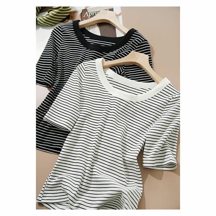 ［our］5分袖ボーダーカットソー　ホワイト スイモク ボーダー カットソー 5分袖 Tシャツ レディース トップス