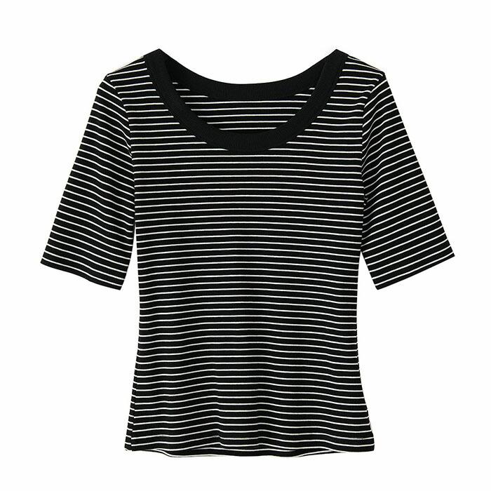 スイモク ボーダー カットソー 5分袖 Tシャツ レディース トップス