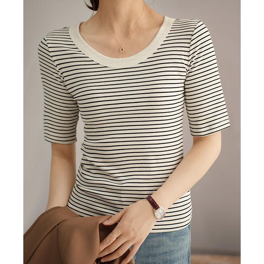 ［our］5分袖ボーダーカットソー　ホワイト スイモク ボーダー カットソー 5分袖 Tシャツ レディース トップス