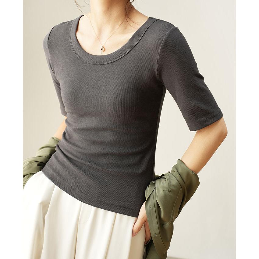 スイモク 5分袖 カットソー Tシャツ レディース トップス リブ 五分袖