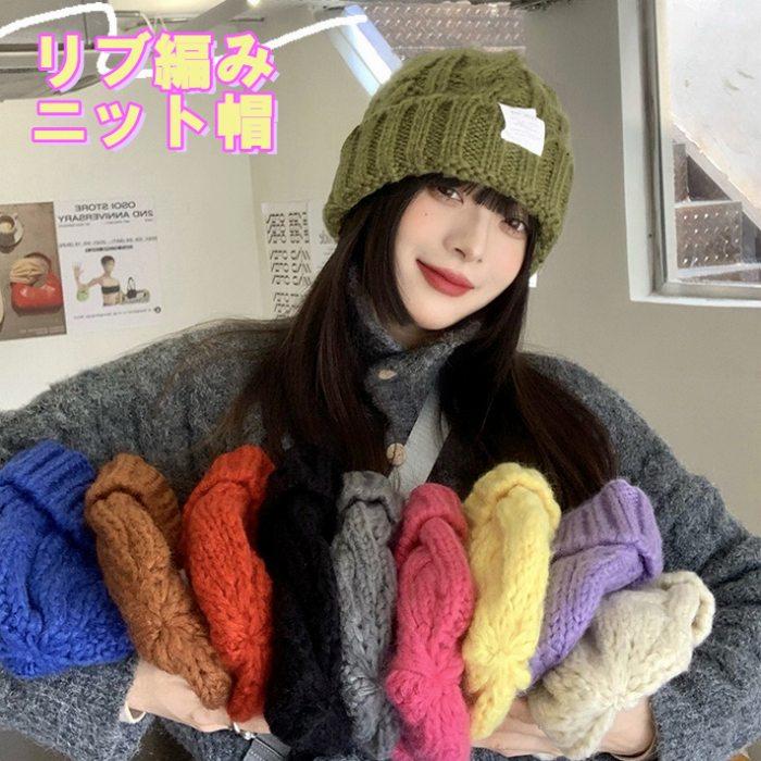 ニット帽 リブ編みタグ付きニット帽 ニットキャップ カラフル ゆったり