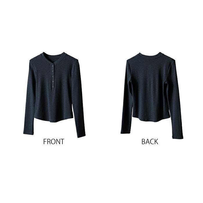 Tシャツ カットソー 長袖 ヘンリーネック レディース 綿混 リブ