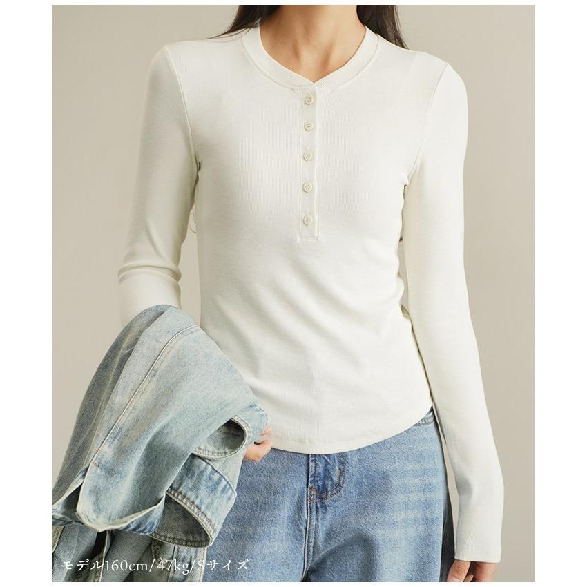 Tシャツ カットソー 長袖 ヘンリーネック レディース 綿混 リブ