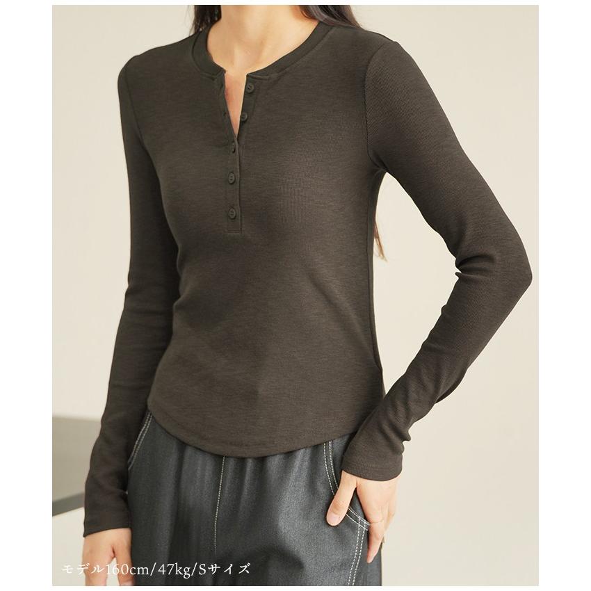 Tシャツ カットソー 長袖 ヘンリーネック レディース 綿混 リブ