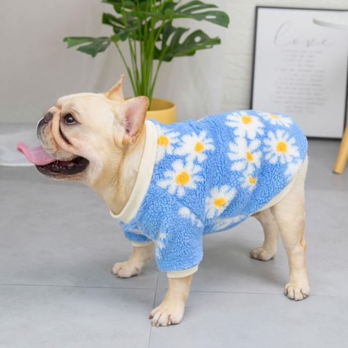 フレンチブルドッグ 犬 服 秋 冬 厚手 暖かい 花柄 ヒョウ柄　パープル ブルー フリス 極暖 フレブル 中型犬 半袖 Tシャツ セーター お洒落 KM424TS｜bluedays｜08