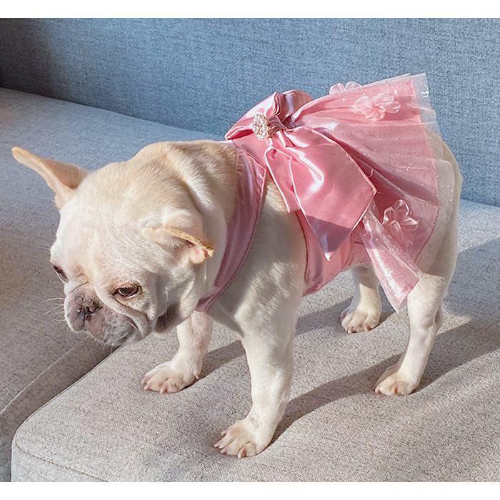 犬服 ワンピース ドレス ビッグリボン コサージュ付き フレンチ