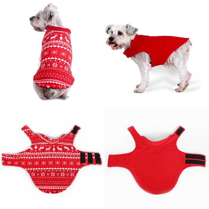 フリース生地 犬服 リバーシブル クリスマス ベスト マジックテープ 冬