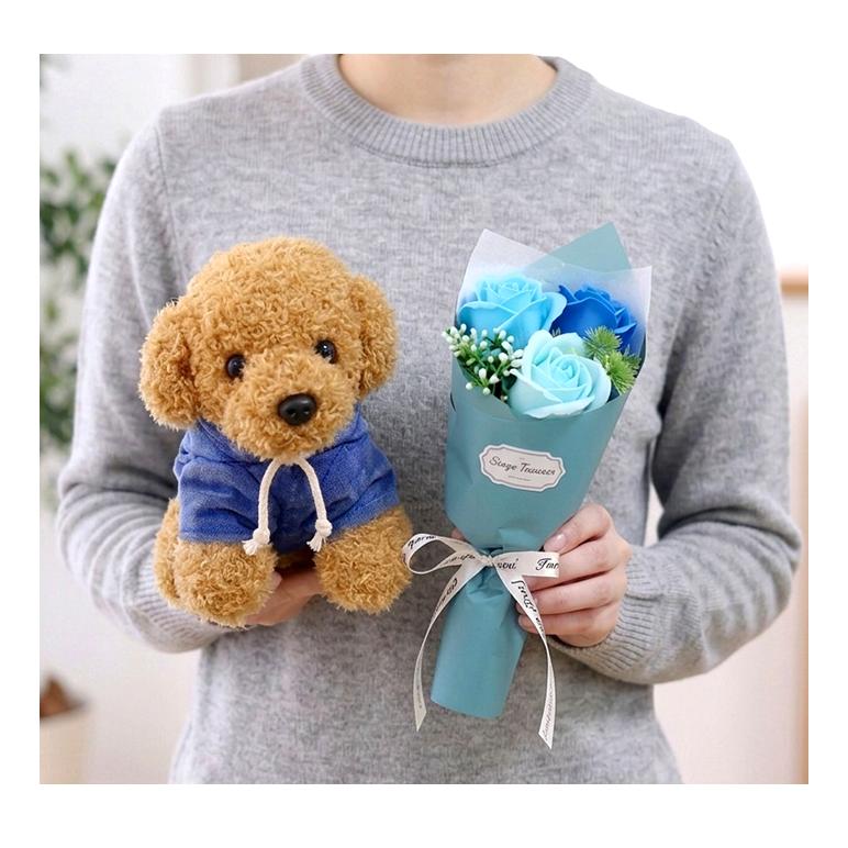 ソープフラワー プレゼント 花 3輪ブーケドッグ 犬 ぬいぐるみ