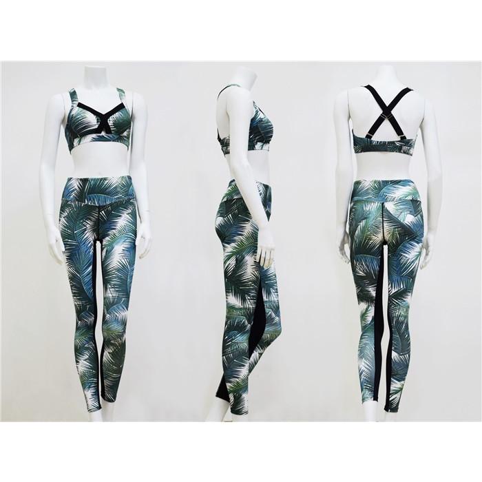 ヨガウェア 上下セット スポーツウェア ボタニカル柄 グリーン